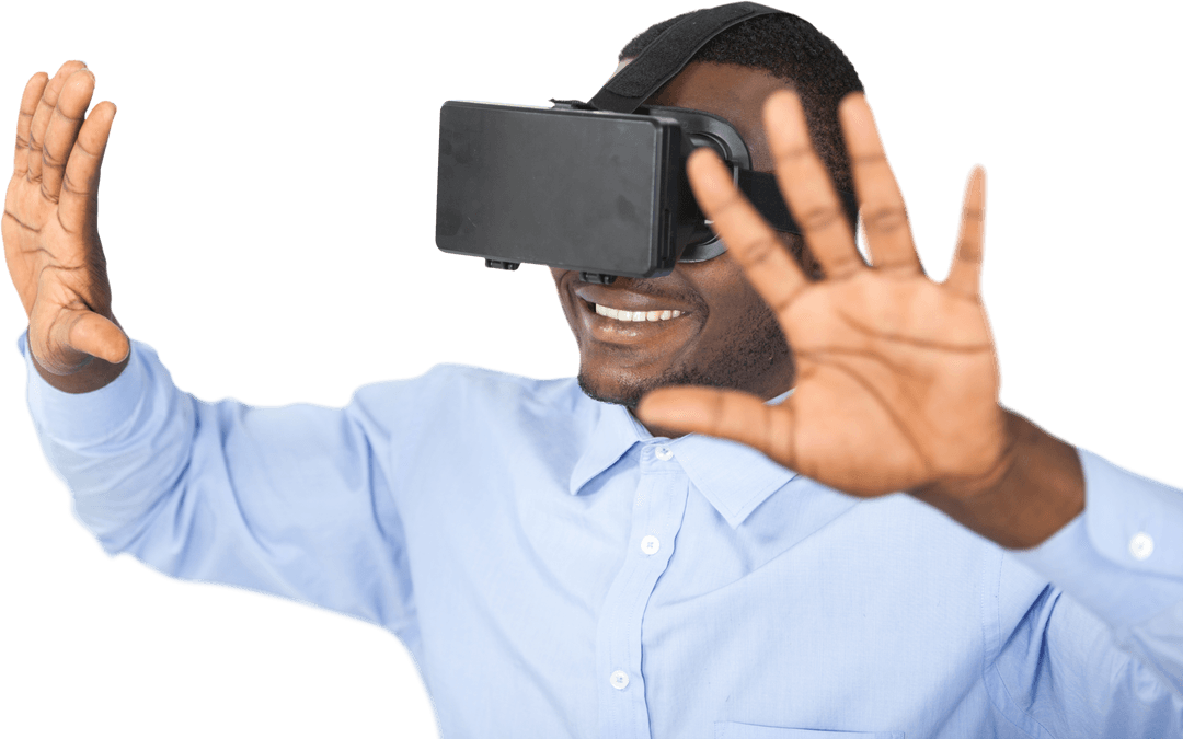 Happy Man with VR Headset Having Interactive Experience on Transparent Background