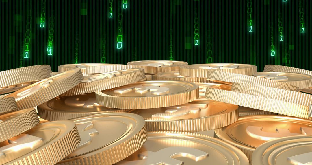 Golden Cryptocurrency Coins with Binary Code Background