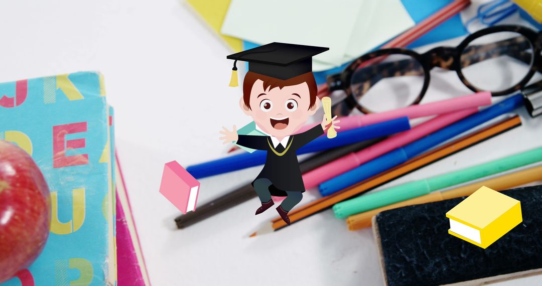 Cheerful Student Graduation Cap Colorful Stationery Background