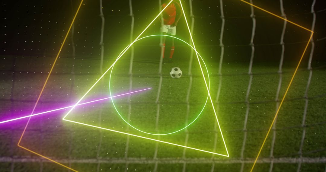 Neon Shapes Over Soccer Goal Dissolving Lines of Sport Diversity