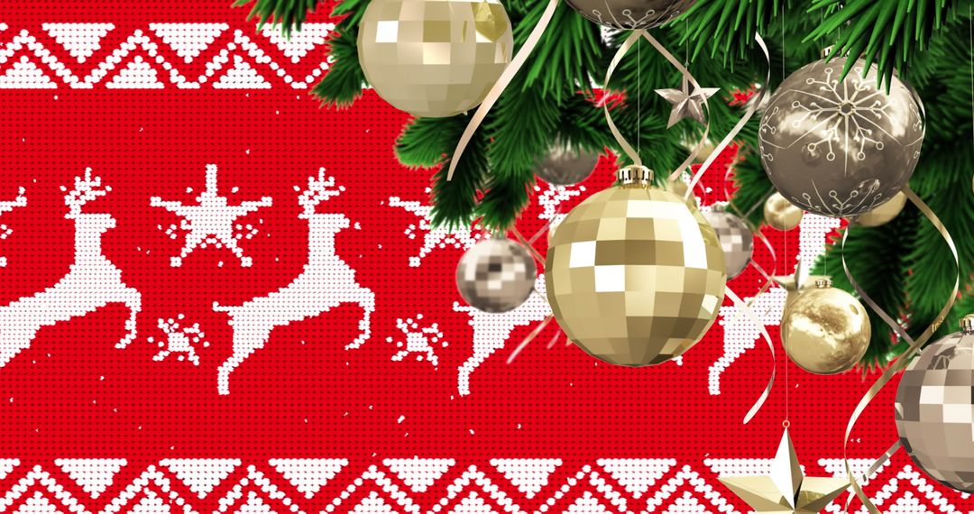 Festive Christmas Baubles on Red Reindeer Pattern with Snowfall