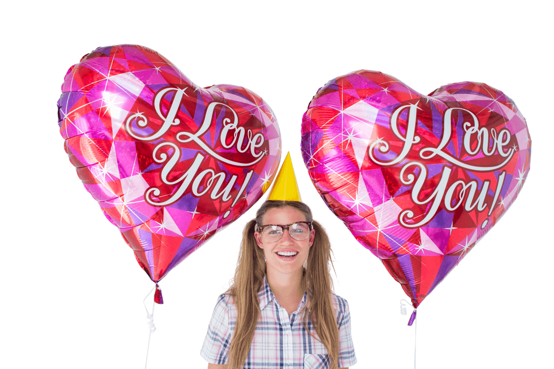 Smiling Girl with I Love You Balloons and Party Hat on Transparent Background