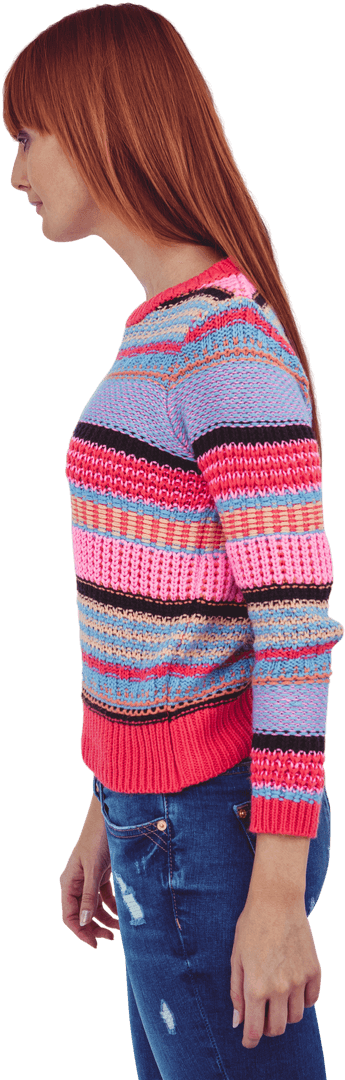 Side View of Smiling Woman in Colorful Knit Sweater on Transparent Background