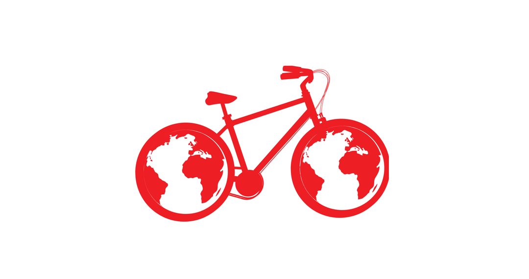 Illustrative image of red bicycle with globes in tires against white background, copy space - Free Images, Stock Photos and Pictures on Pikwizard.com