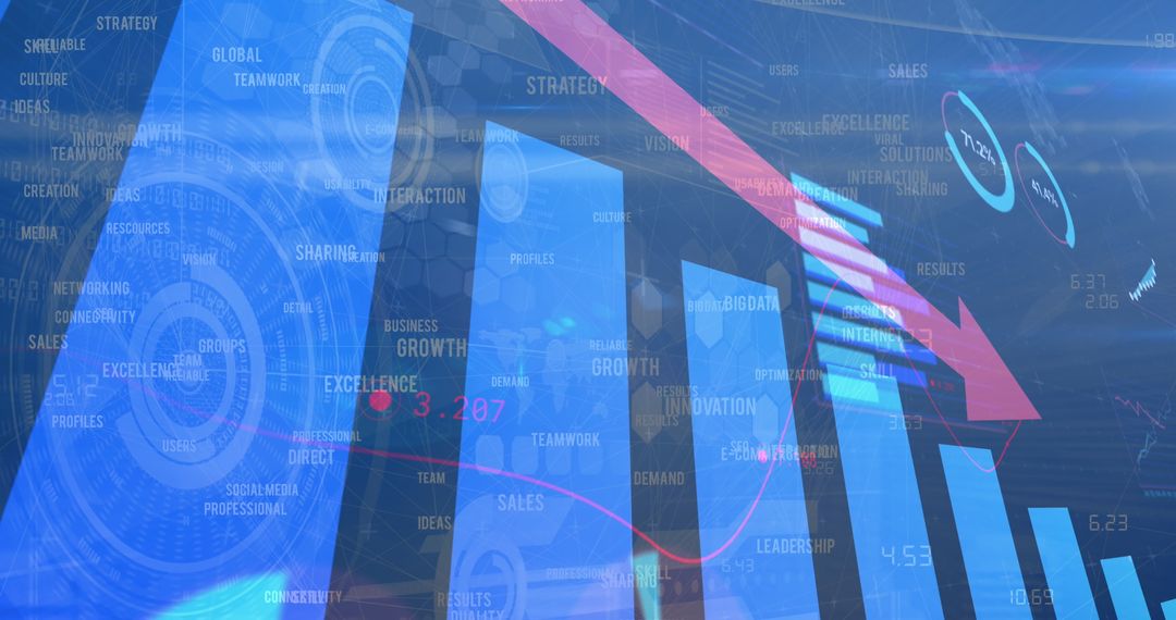 Digital Financial Analysis with Declining Red Arrow in Futuristic Theme