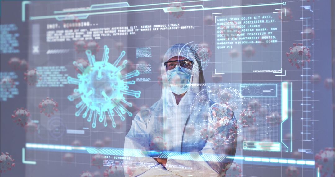 Healthcare Worker Analyzing COVID-19 Data in Advanced PPE