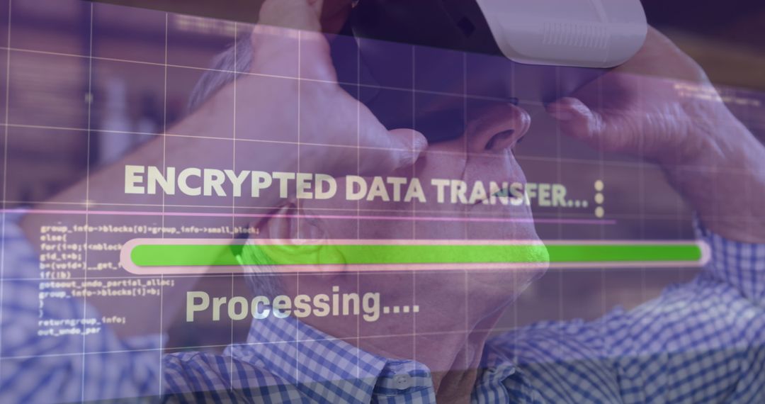 Older Man Using VR Headset Encrypted Data Visualization