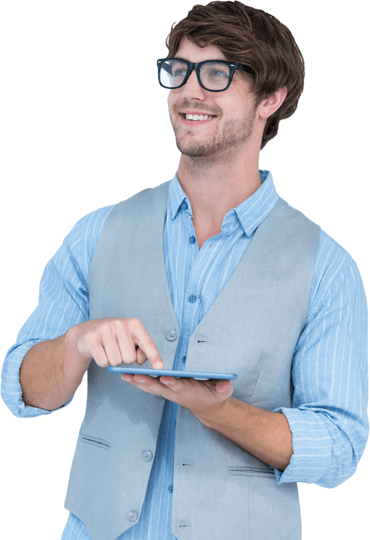 Smiling Man in Glasses Using Tablet with Positive Expression in Transparent Background