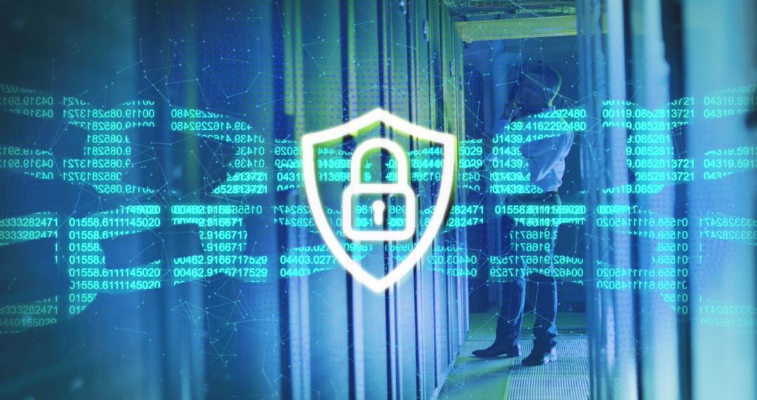 Cybersecurity Shield Protecting Data in High-Tech Server Room