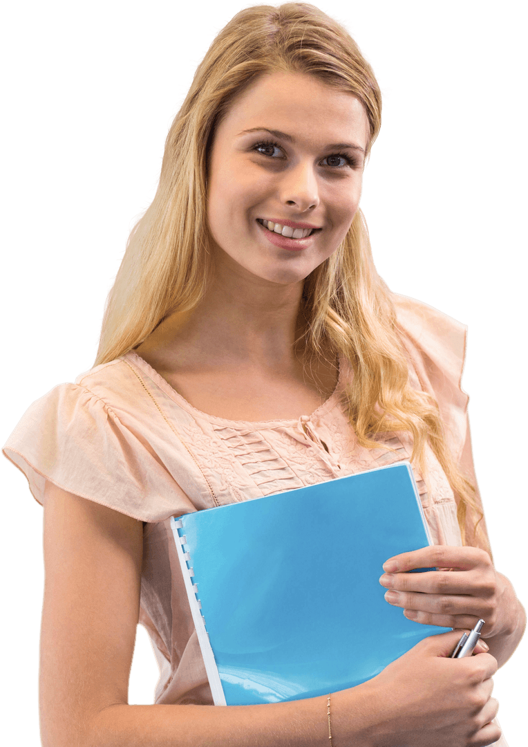 Smiling Caucasian Businesswoman Holding Notebook on Transparent Background