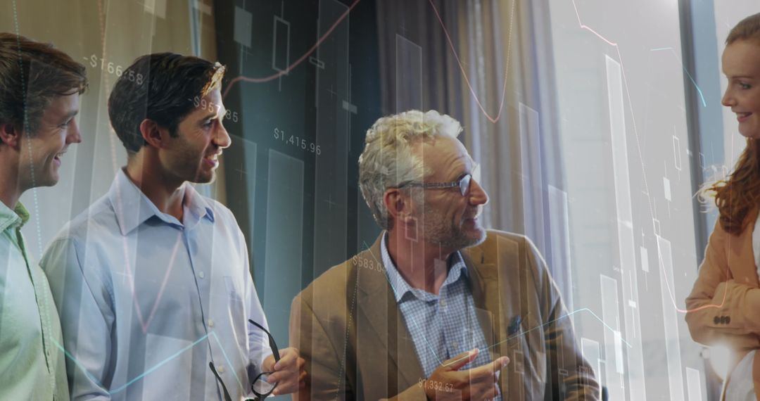 Diverse Colleagues Discussing with Statistical Data Overlay