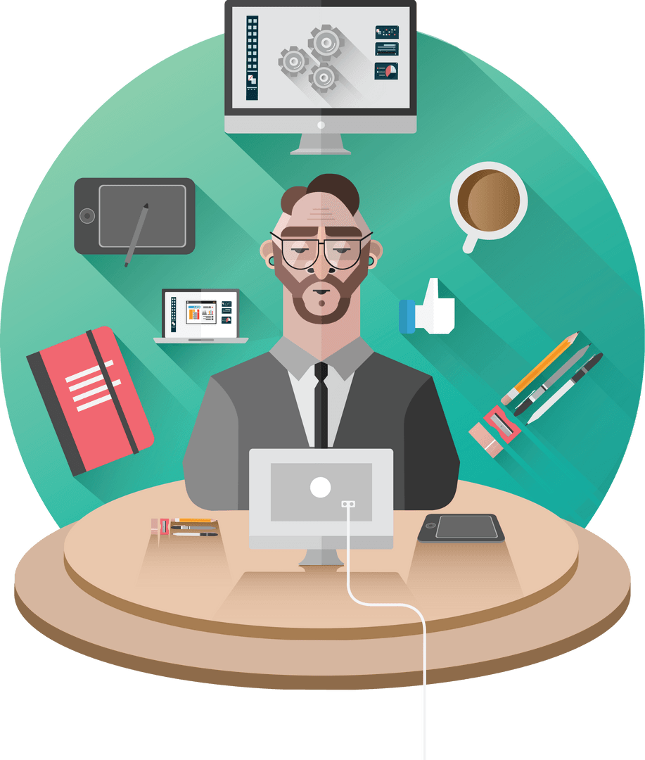 Transparent Vector Illustration of Businessman with Technology Icons