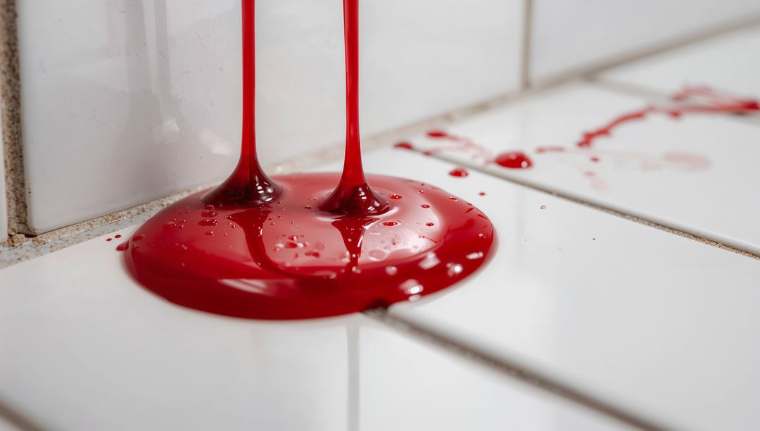 Vibrant Red Liquid on White Ceramic Tiles Creating Glossy Puddle
