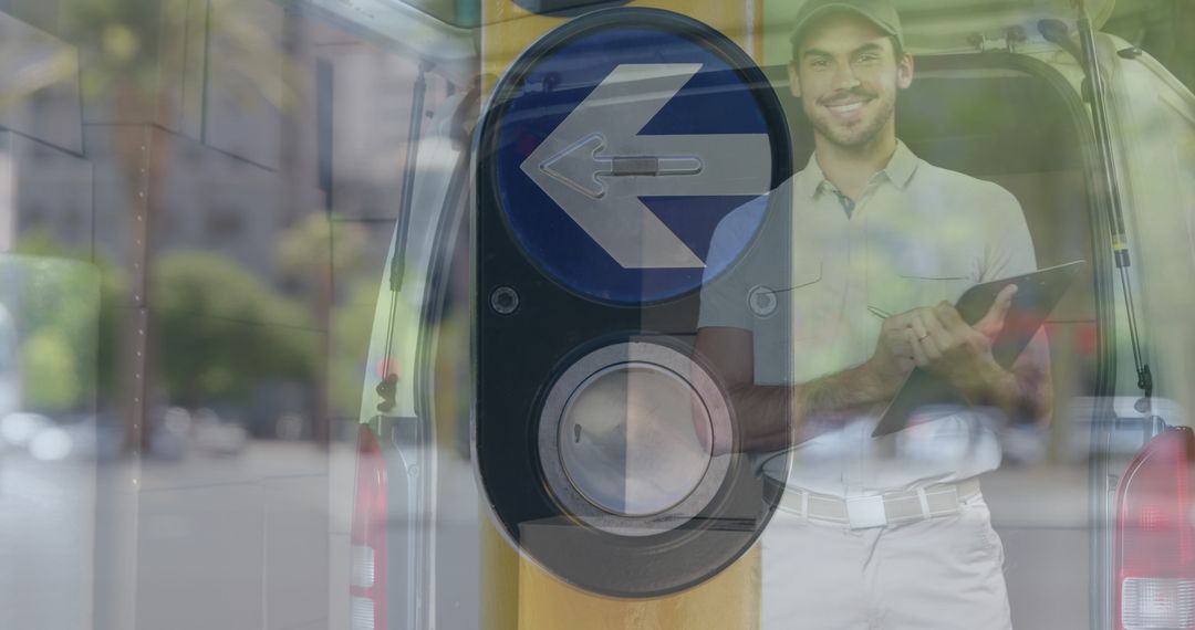 Cheerful Delivery Man with Logistics Concept and Arrow Overlay