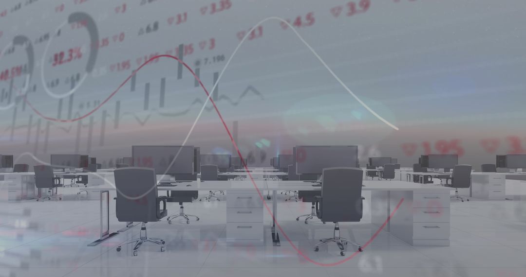 Empty Modern Office with Financial Data Analytics Overlay