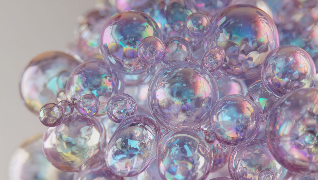 Macro soap bubble cluster reflecting pastel iridescence with glossy translucent spheres
