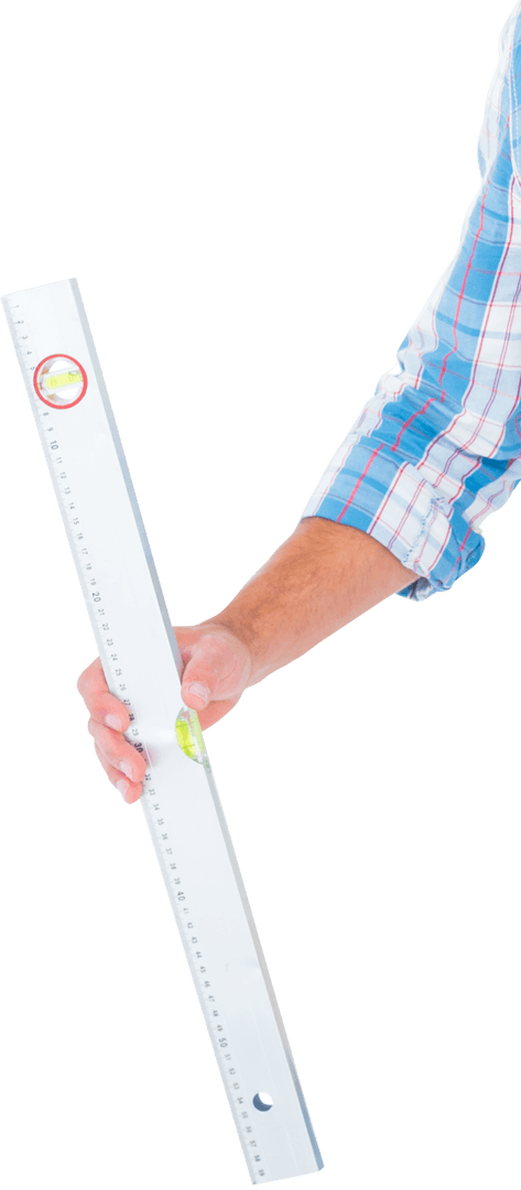 Transparent Hand Holding White Ruler with Bubble Level