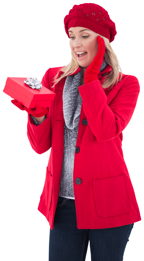 Festive Woman in Red Holding Gift Box with Surprise Expression