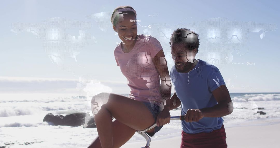 Active Couple Cycling Adventure by Ocean with World Map Overlay