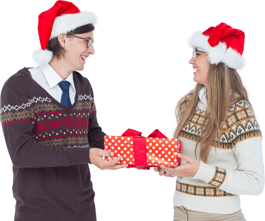 Smiling Couple with Christmas Gift in Transparent Background