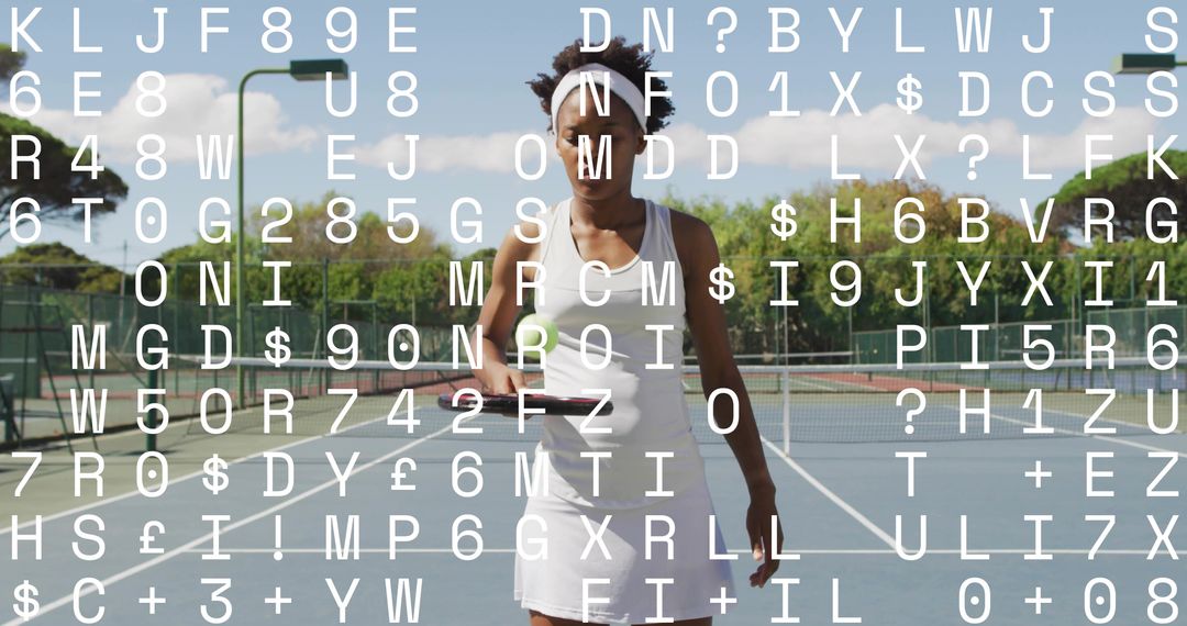 Standing female tennis player holding racket and ball with alphanumeric data overlay on court