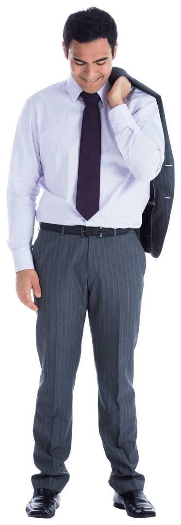 Happy Businessman Standing with Suit Coat on Shoulder, Transparent