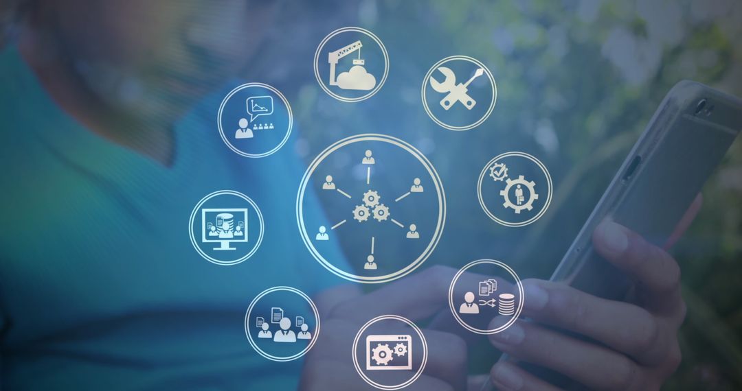 Digital Innovation Icons Surrounding Young User on Smartphone