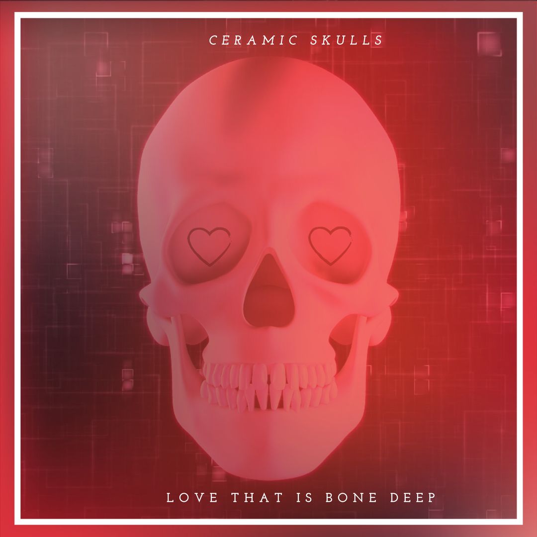 Ceramic Skulls with Heart-Shaped Eyes in Vibrant Red Glow