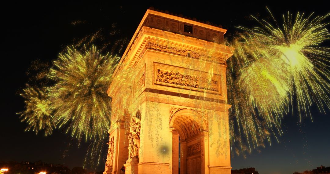Illuminated Arc de Triomphe with Vivid Fireworks Celebration