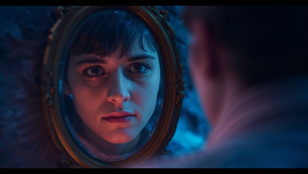 Enigmatic Woman Observing Reflection in Ornate Mirror