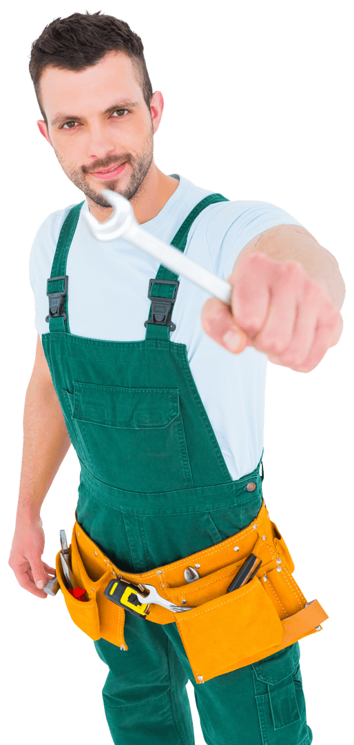 Happy Man with Wrench Wearing Green Overalls on Transparent Background