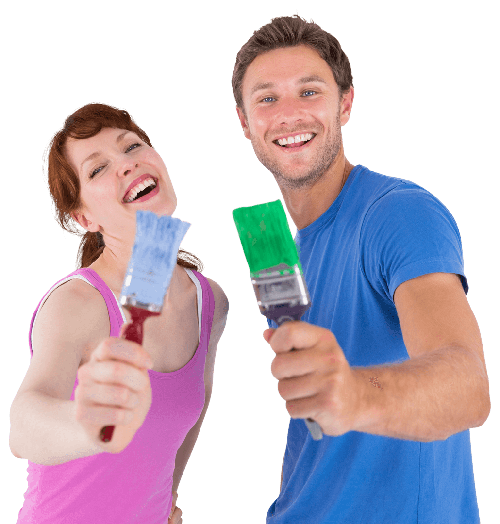 Happy Couple Holding Paint Brushes Isolated on Transparent Background