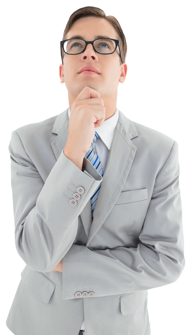 Thoughtful Business Professional in Transparent Suit Contemplating Ideas