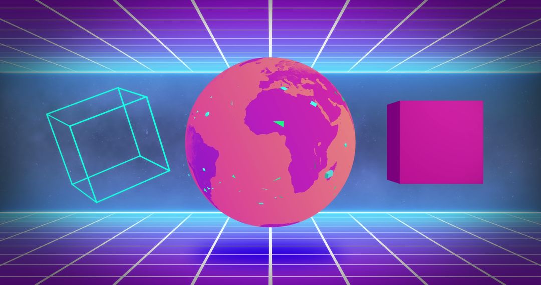 Retro Futuristic Globe with 3D Shapes and Grid