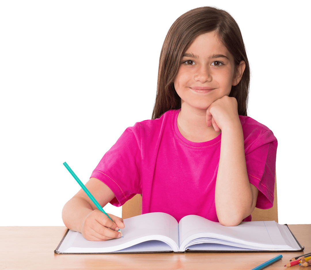 Smiling Child in Pink Shirt Writing at Desk on Transparent Background