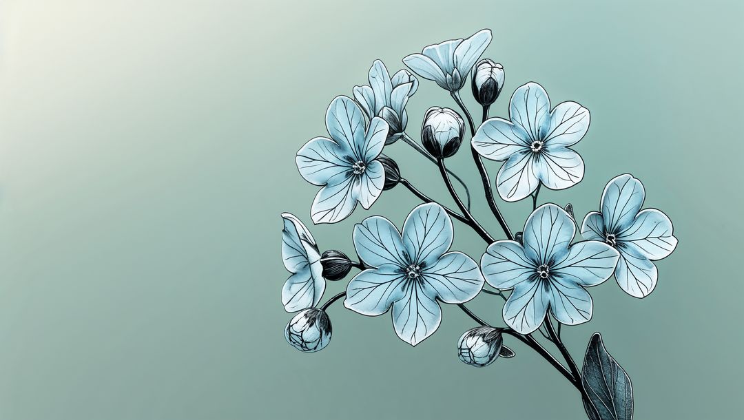Elegant blue forget me not flowers on gradient background botanical illustration