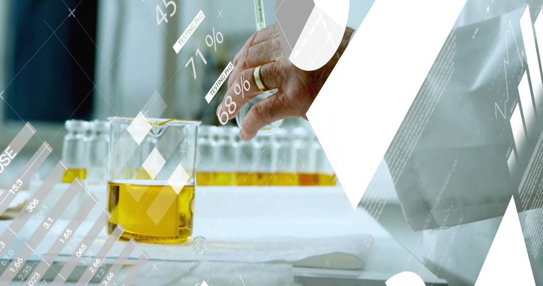 Scientist Analyzing Liquid Sample with Data Overlay in Laboratory
