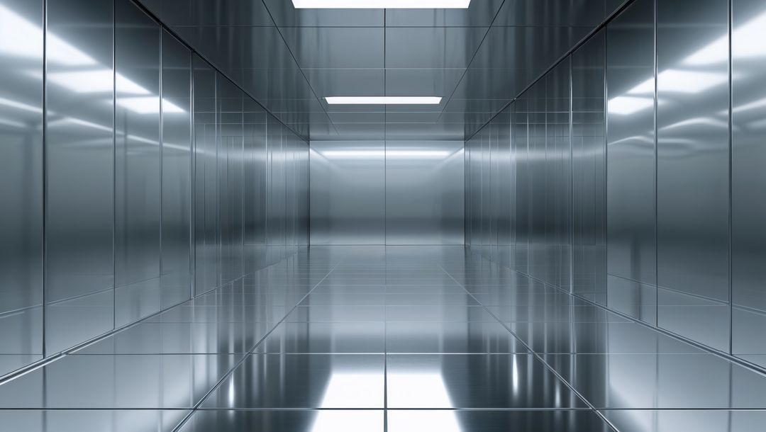Futuristic Reflective Metallic Corridor with Recessed Lighting