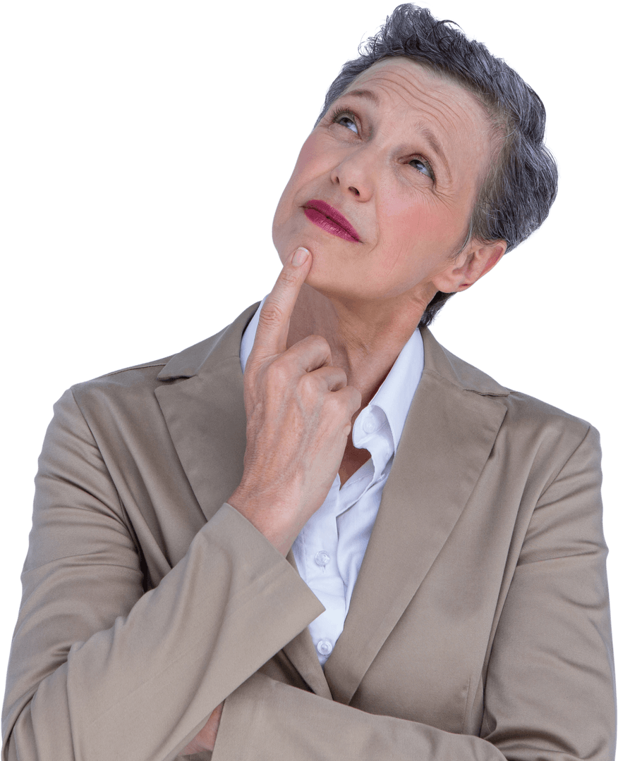 Pensive Senior Businesswoman Thinking on Transparent Background