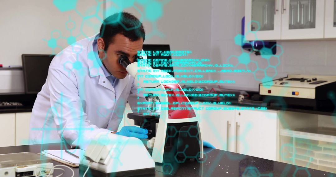 Scientist Examining Microscopic Sample with Futuristic Digital Overlay