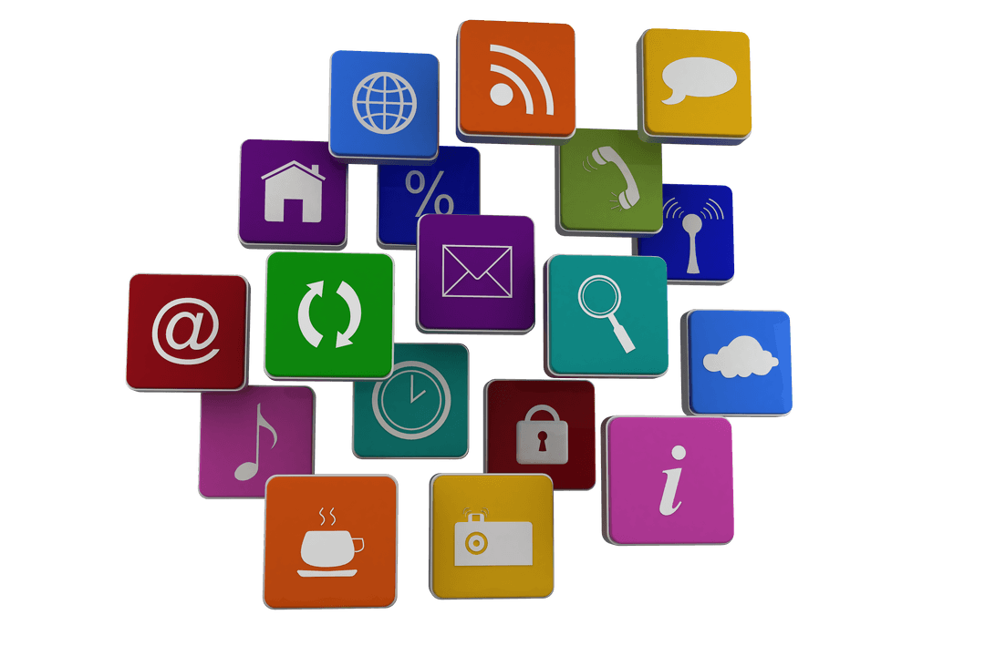 Transparent Background Colorful Digital Media Icons in 3D Cubes