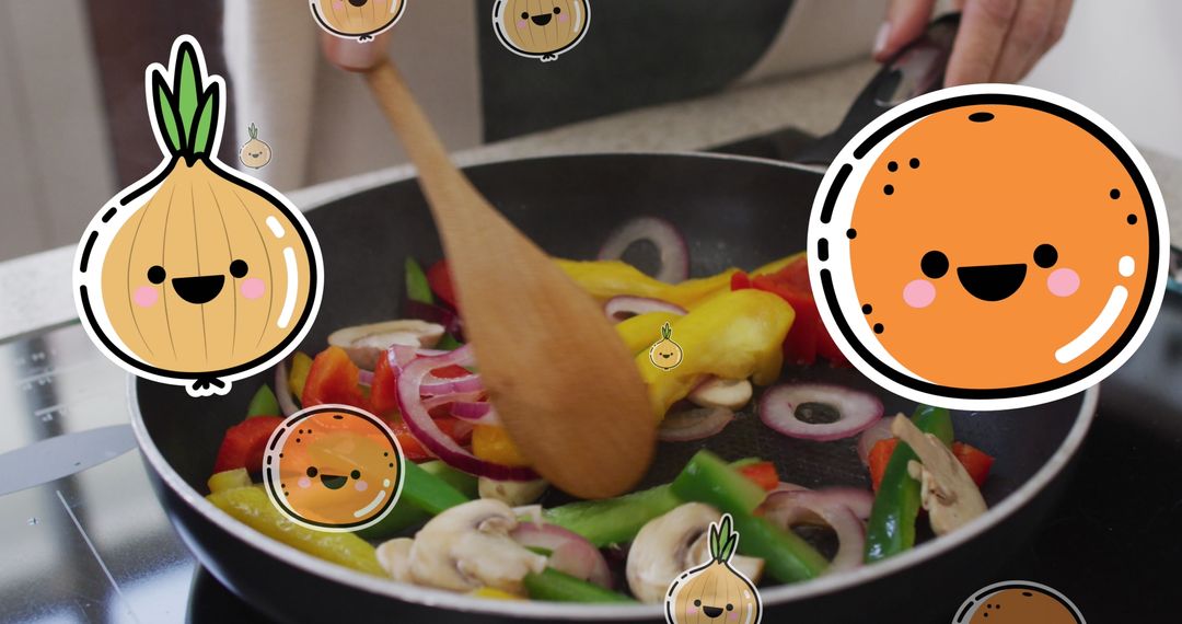 Fun Digital Vegetable Icons with Woman Cooking Stir Fry Vegetables