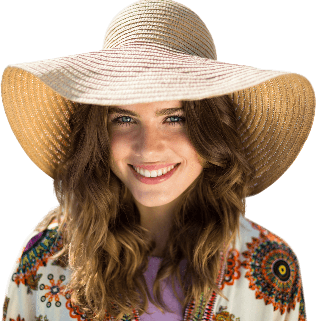 Beautiful Woman with Transparent Background Featuring Straw Hat