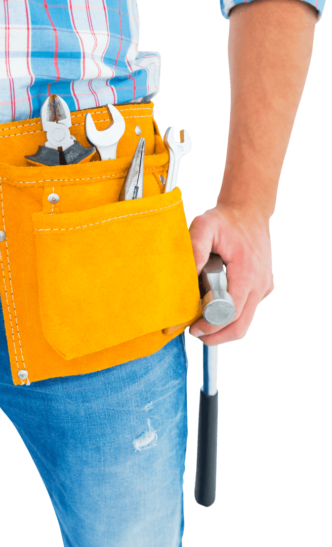 Midsection of Handyman with Tool Belt and Hammer on Transparent Background