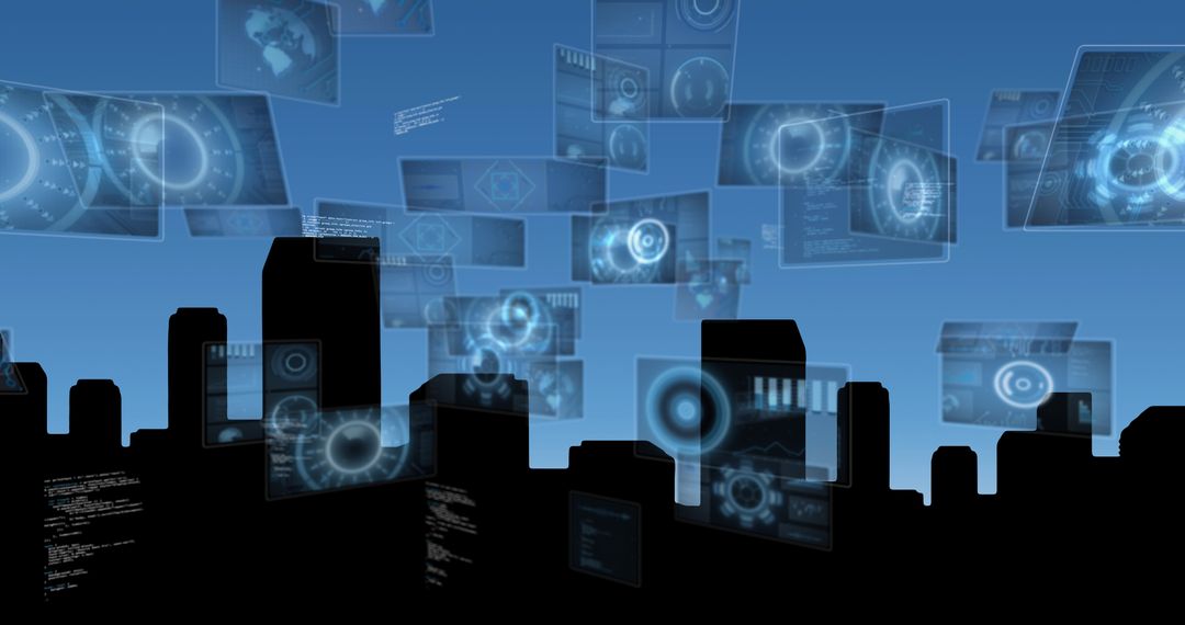 Futuristic Digital Interfaces Over Urban Cityscape