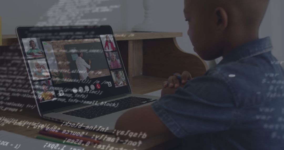 Child Engaged in Virtual Learning with Data Overlay