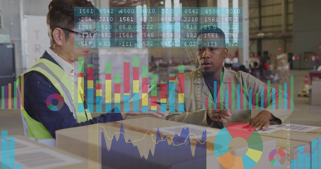 Warehouse Team Inspecting Shipments with Logistics Analytics Overlay