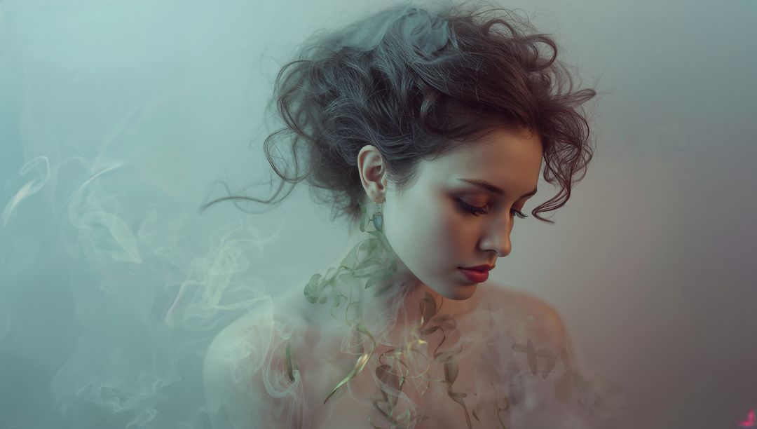 Contemplative Asian Woman Portrait with Curly Updo, Ethereal Mist and Botanical Vines