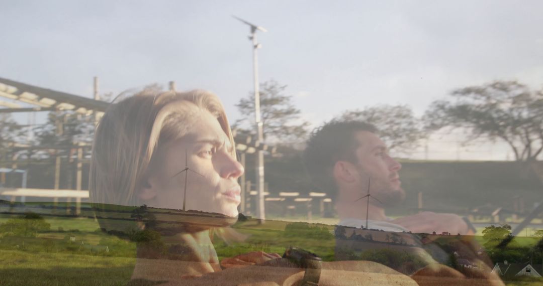 Active Duo Exercising in Outdoor Gym with Wind Turbines