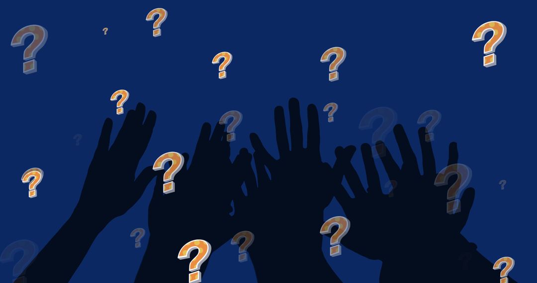Silhouette Hands Reaching for Floating Question Marks Background